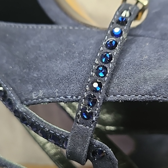 Fendi Dark Navy Crystal Blue Rhinestones Suede Leather Buckle Strappy Open Toe - Picture 9 of 9